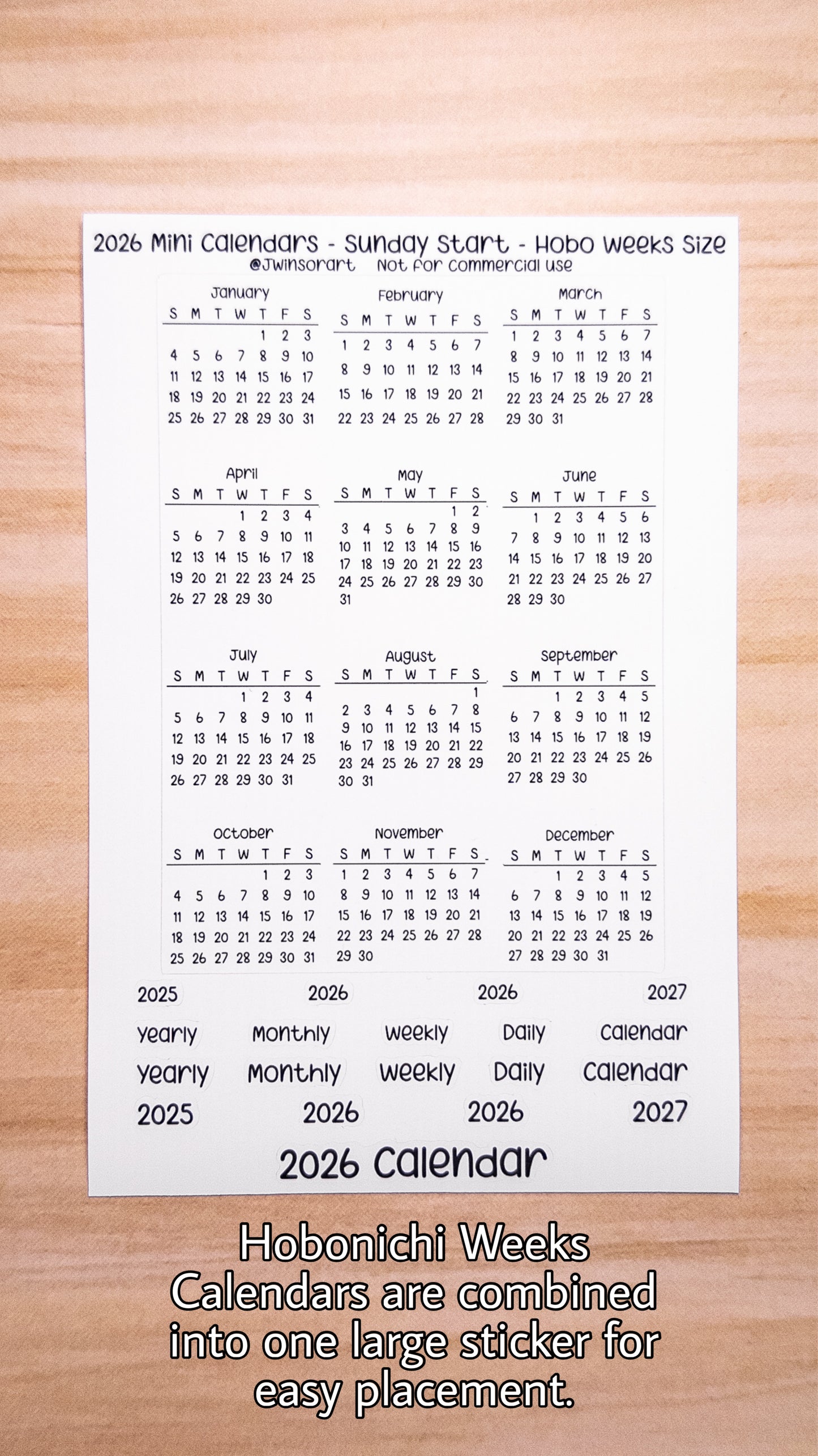 2026 Mini Calendars Hobonichi A5 A6 Weeks Sizes Sunday Start Planner Sticker Sheet Bujo Jan Feb Mar Apr May Jun Jul Aug Sept Oct Nov Dec