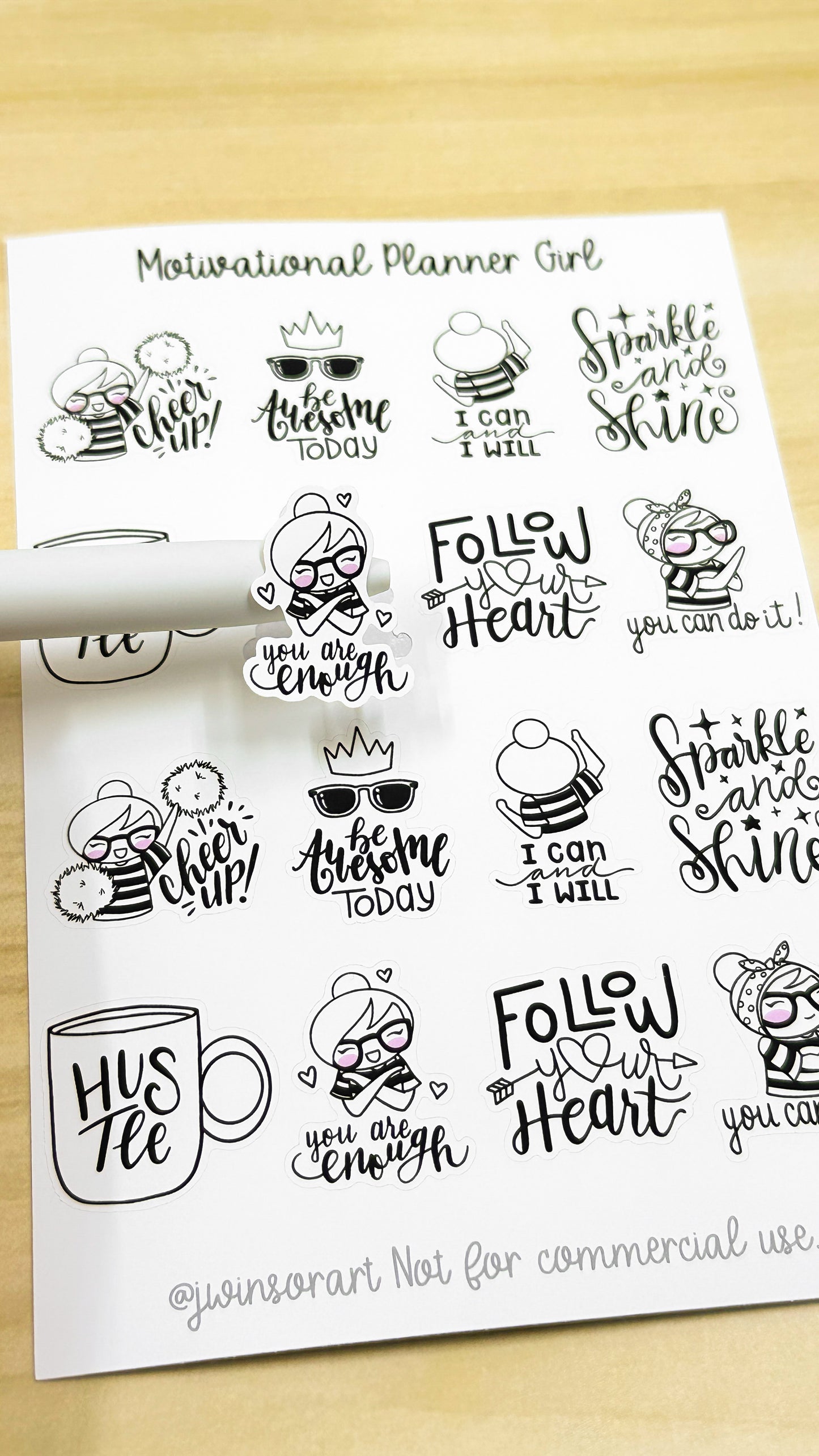 Motivational Planner Girl Sticker Sheet Bujo Cute Kawaii Line Art Black and White Style