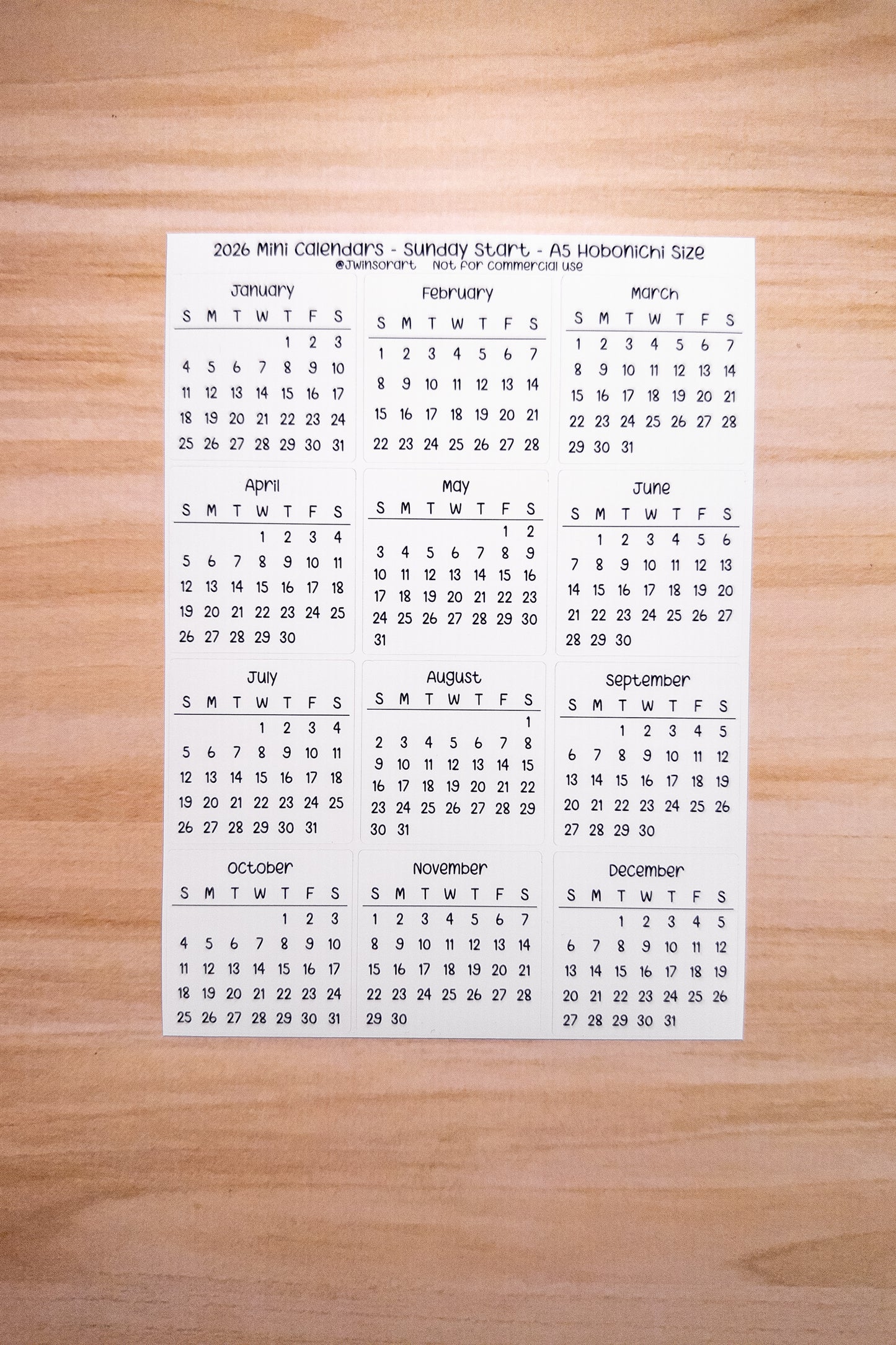 2026 Mini Calendars Hobonichi A5 A6 Weeks Sizes Sunday Start Planner Sticker Sheet Bujo Jan Feb Mar Apr May Jun Jul Aug Sept Oct Nov Dec