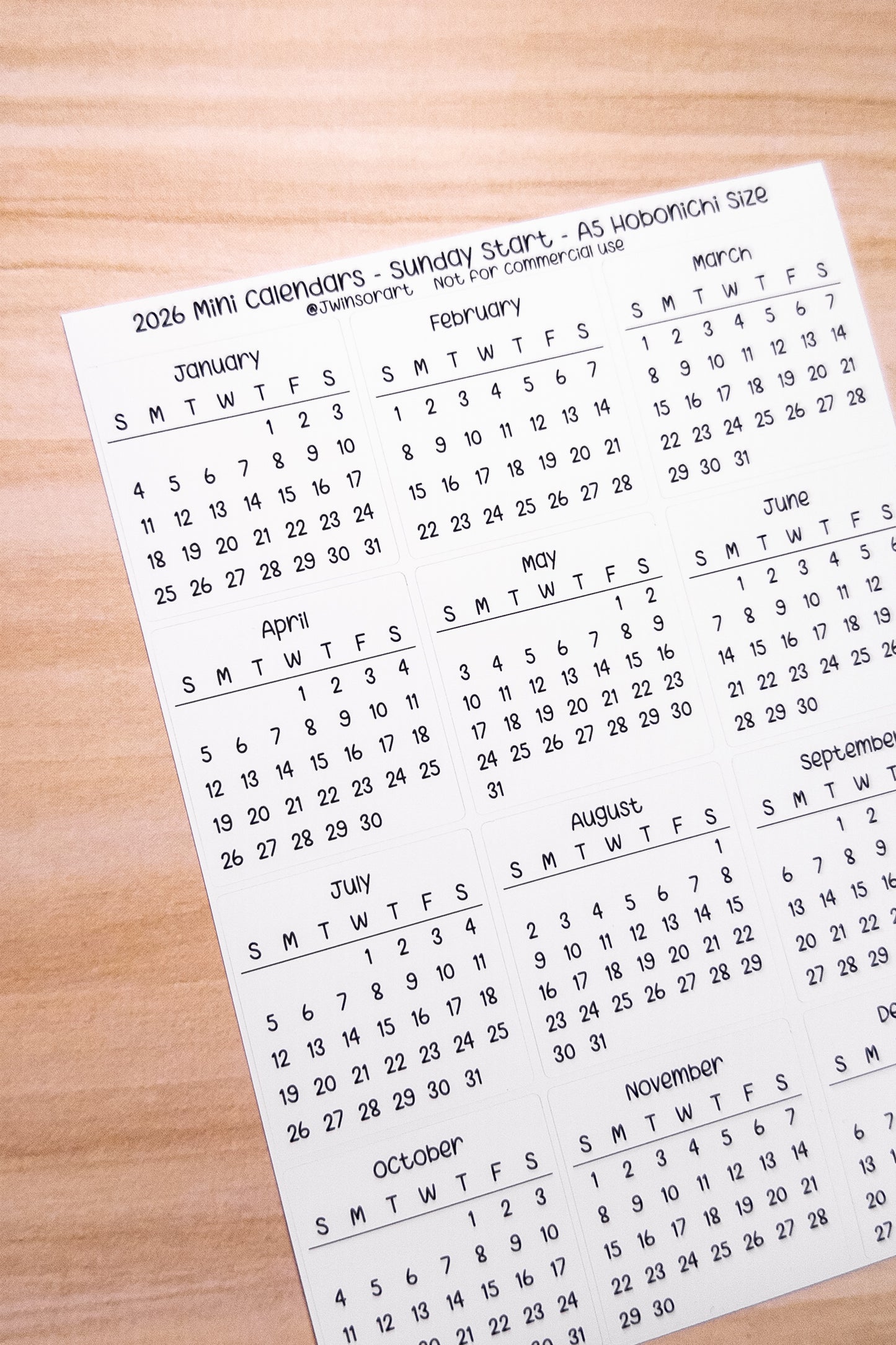 2026 Mini Calendars Hobonichi A5 A6 Weeks Sizes Sunday Start Planner Sticker Sheet Bujo Jan Feb Mar Apr May Jun Jul Aug Sept Oct Nov Dec