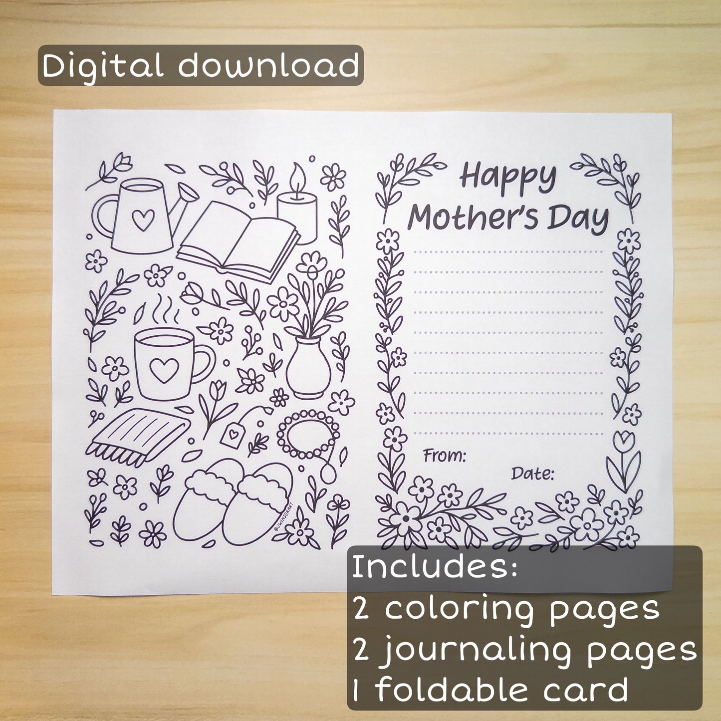 Printable Mother’s Day Card – DIY Coloring Card with Journaling Pages | Instant Download