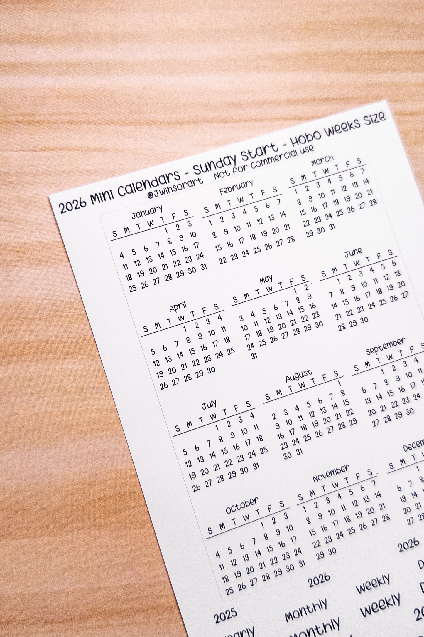 2026 Mini Calendars Hobonichi A5 A6 Weeks Sizes Sunday Start Planner Sticker Sheet Bujo Jan Feb Mar Apr May Jun Jul Aug Sept Oct Nov Dec