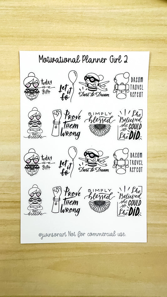 Motivational Planner Girl 2 Sticker Sheet Bujo Cute Kawaii Line Art Black and White Style