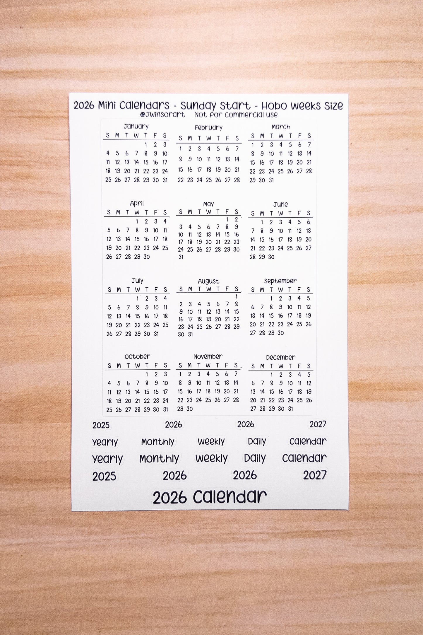 2026 Mini Calendars Hobonichi A5 A6 Weeks Sizes Sunday Start Planner Sticker Sheet Bujo Jan Feb Mar Apr May Jun Jul Aug Sept Oct Nov Dec