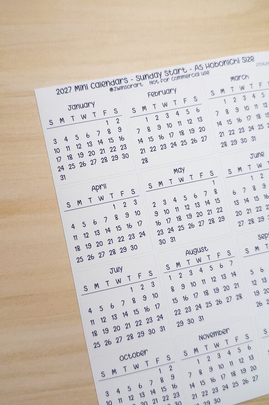 2027 Mini Calendars Hobonichi A5 A6 Weeks Sizes Sunday Start Planner Sticker Sheet Bujo Jan Feb Mar Apr May Jun Jul Aug Sept Oct Nov Dec