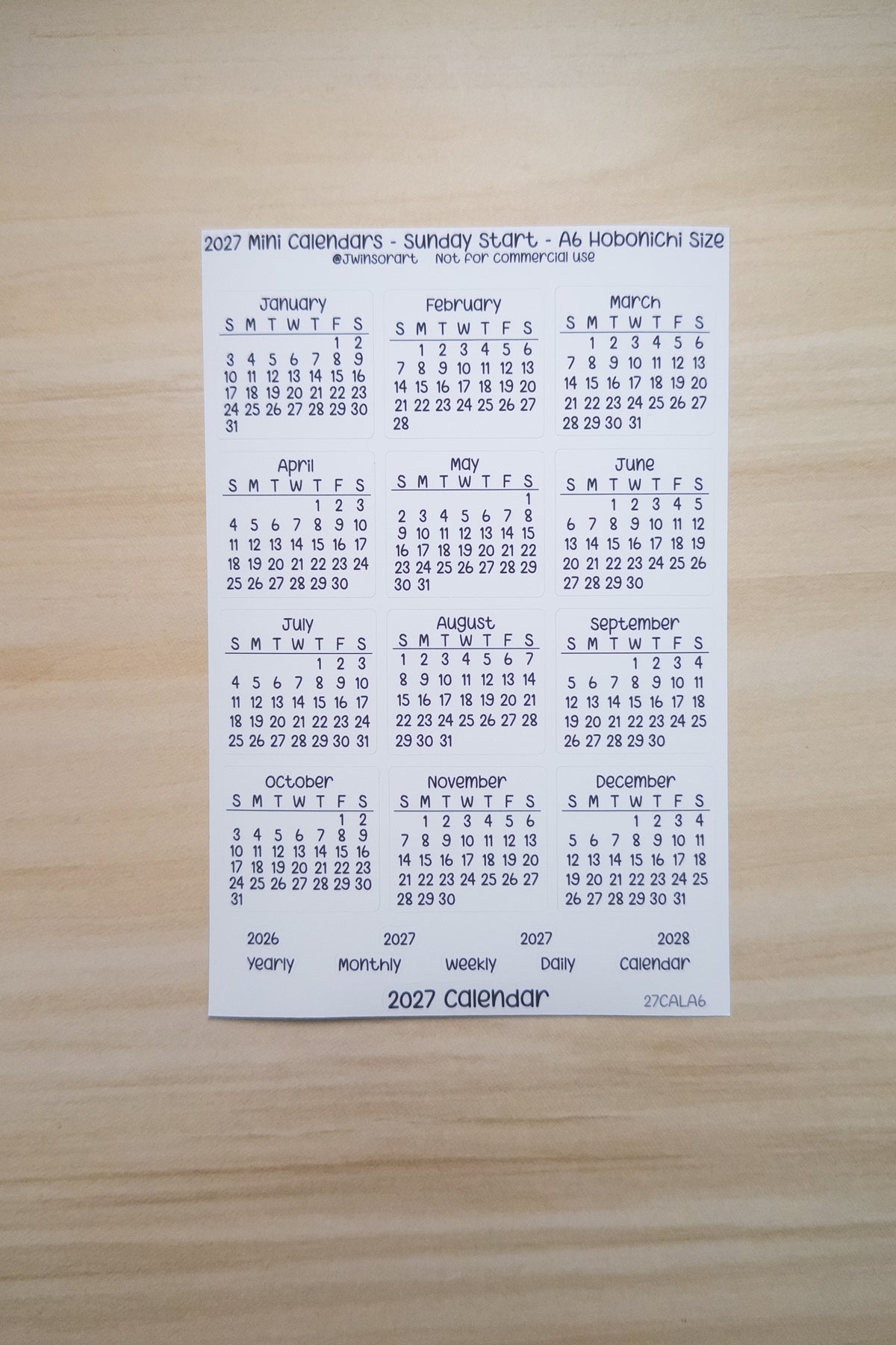 2027 Mini Calendars Hobonichi A5 A6 Weeks Sizes Sunday Start Planner Sticker Sheet Bujo Jan Feb Mar Apr May Jun Jul Aug Sept Oct Nov Dec