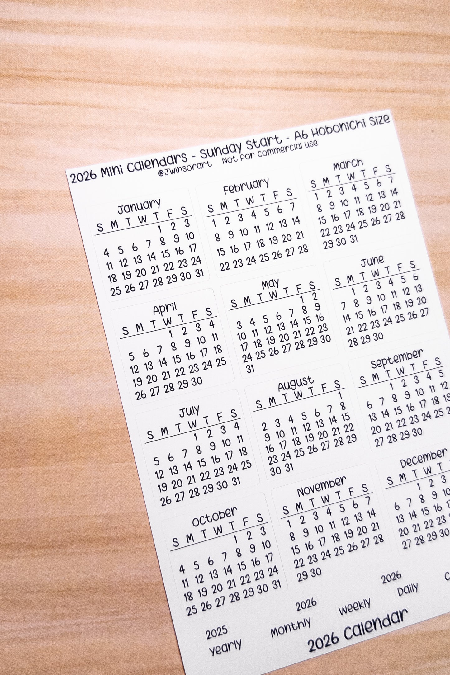 2026 Mini Calendars Hobonichi A5 A6 Weeks Sizes Sunday Start Planner Sticker Sheet Bujo Jan Feb Mar Apr May Jun Jul Aug Sept Oct Nov Dec