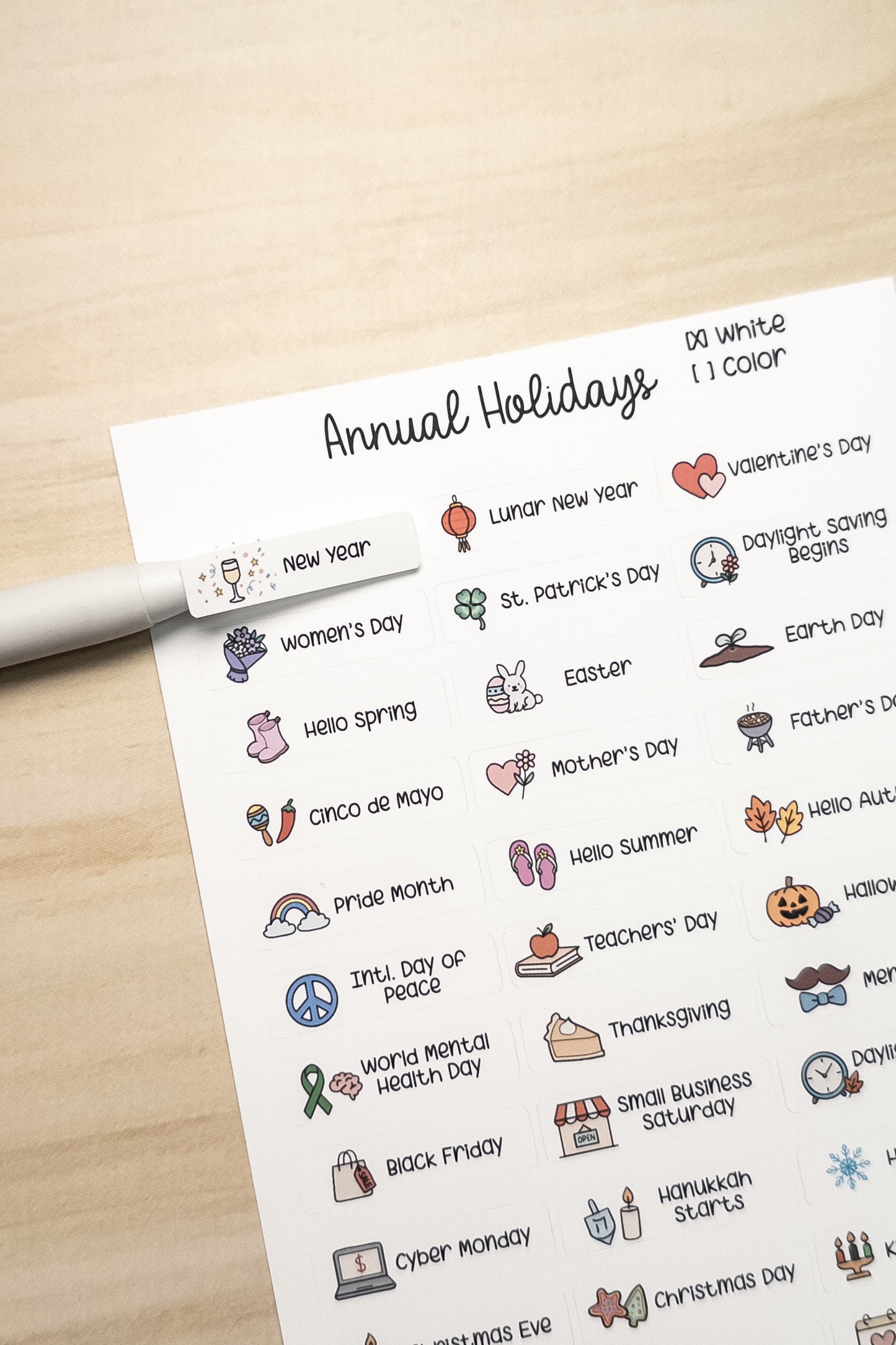 Global Holidays Sticker Sheet – Hobonichi Cousin A5 – Annual Celebrations & Birthdays – White or Color Background