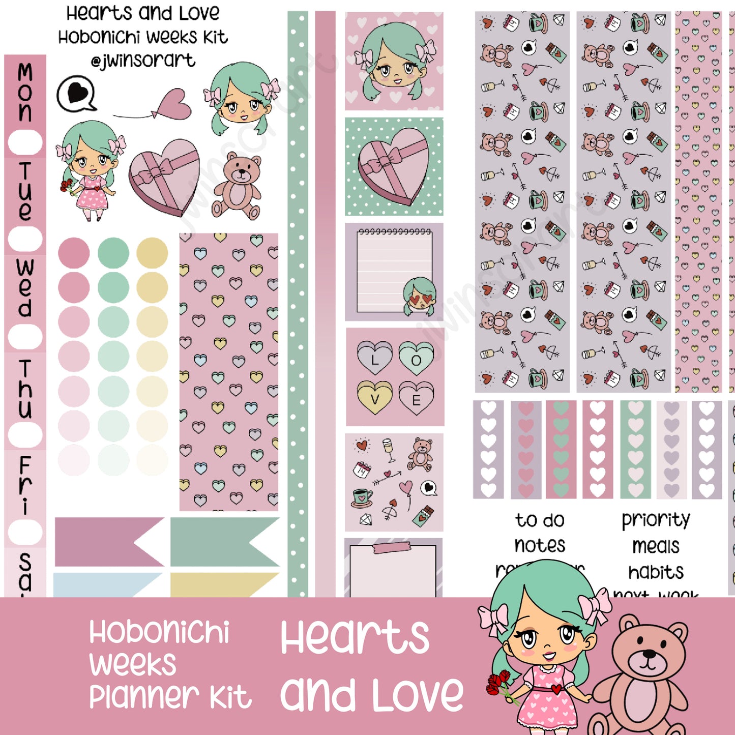 Hearts and Love Angie Hobo Weeks Planner Kit Sticker Sheet Valentines Day Hobonichi Bujo Cute Kawaii Chibi Girl