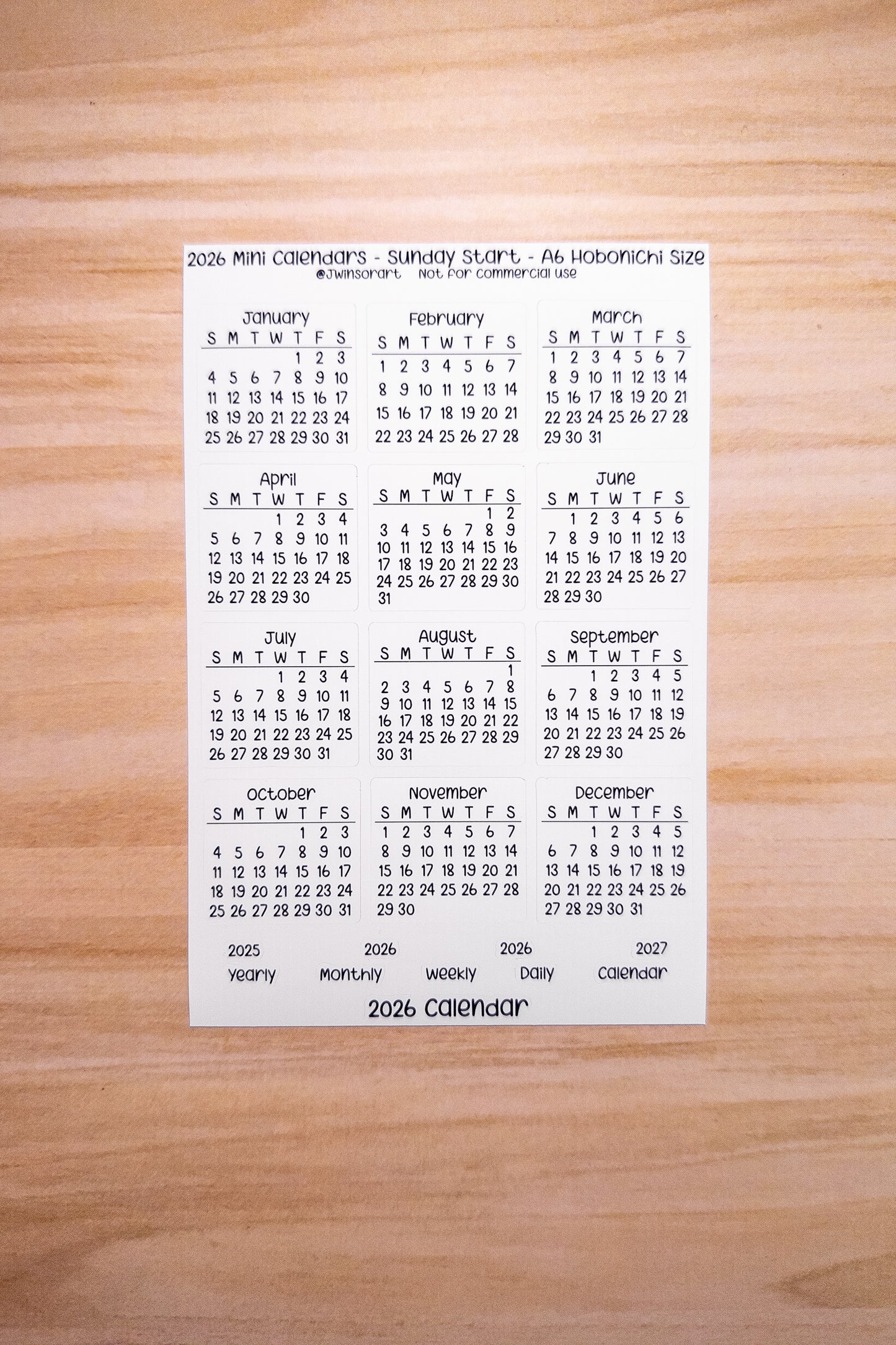 2026 Mini Calendars Hobonichi A5 A6 Weeks Sizes Sunday Start Planner Sticker Sheet Bujo Jan Feb Mar Apr May Jun Jul Aug Sept Oct Nov Dec