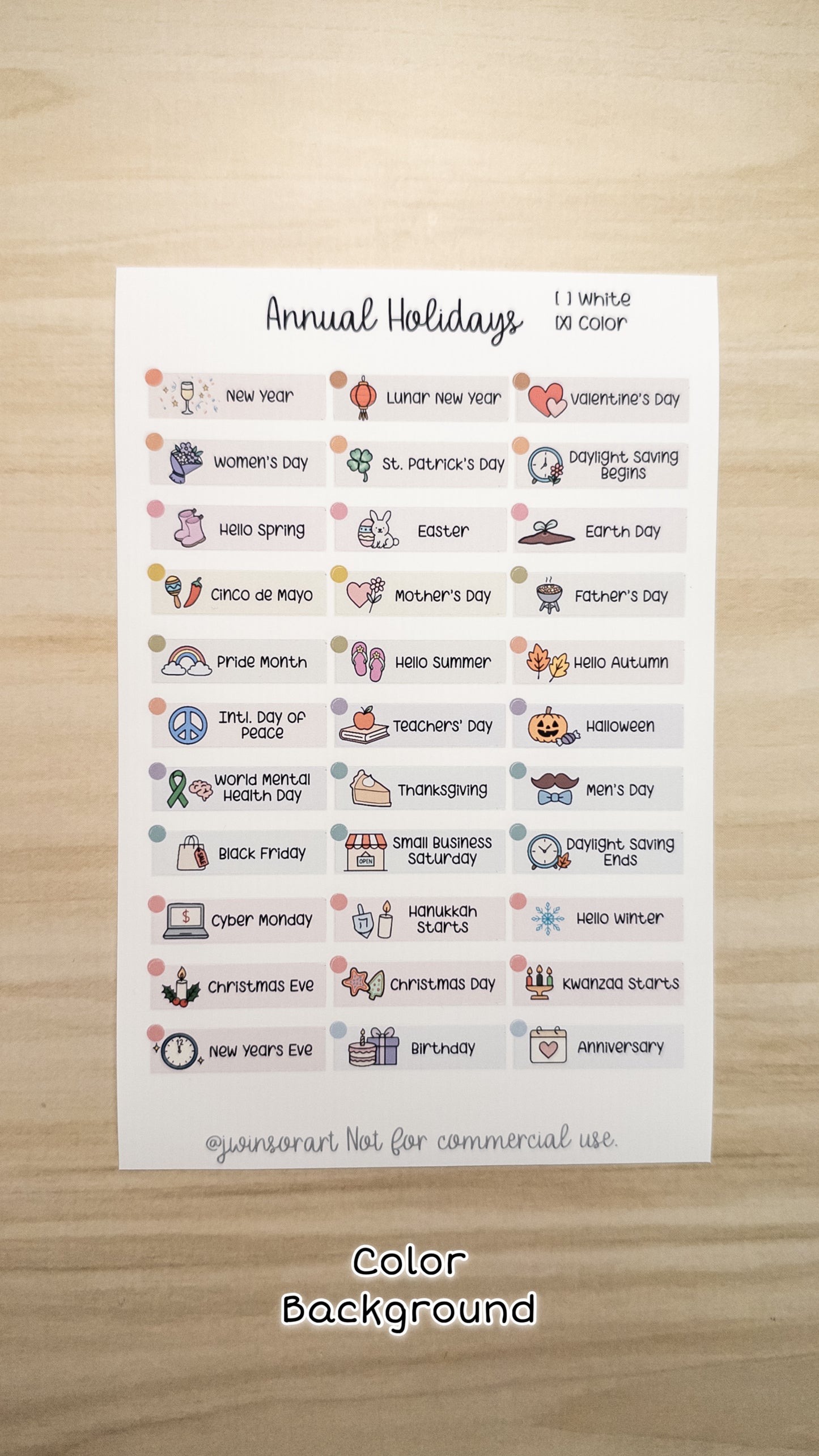 Global Holidays Sticker Sheet – Hobonichi Cousin A5 – Annual Celebrations & Birthdays – White or Color Background