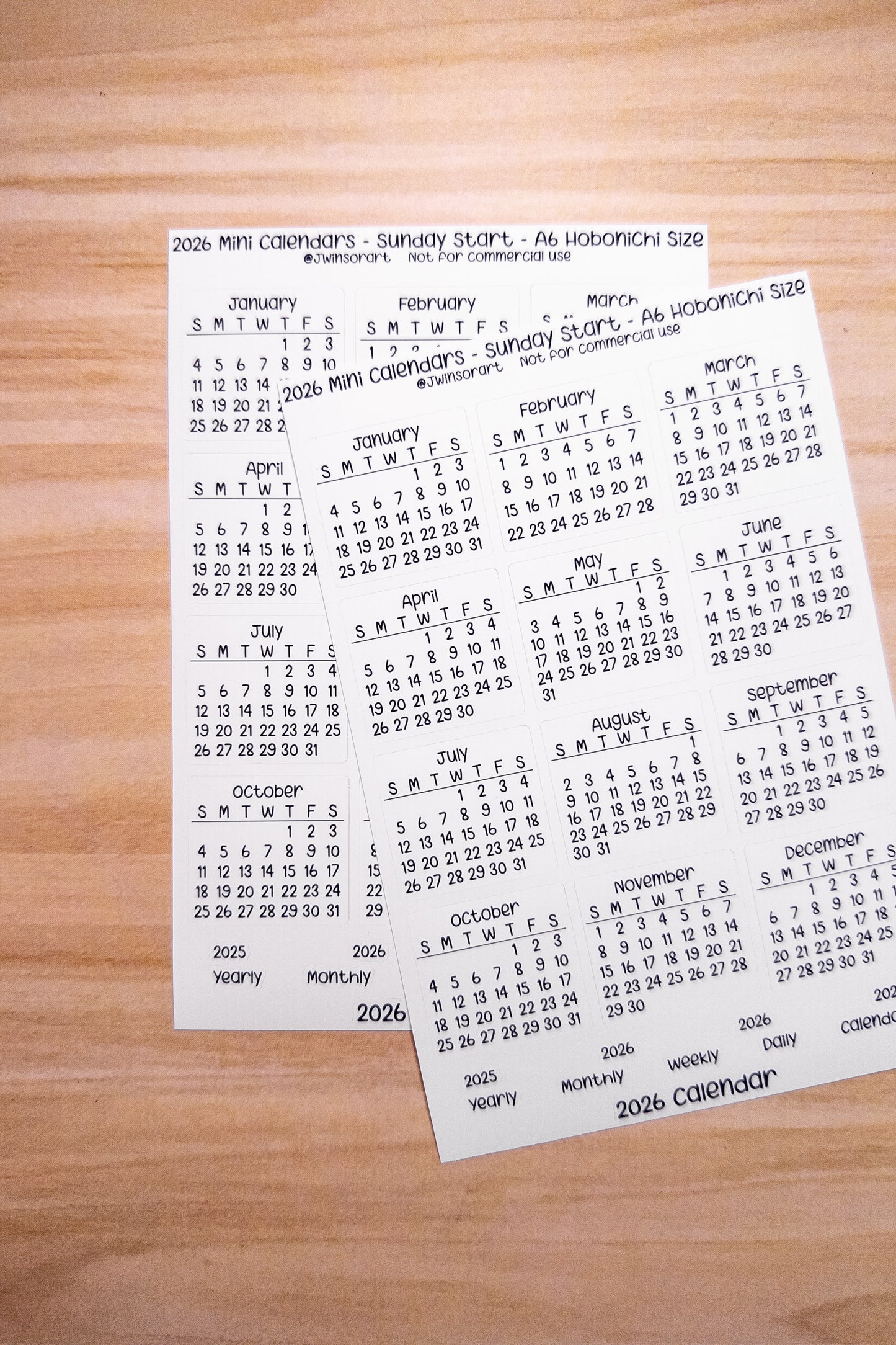 2026 Mini Calendars Hobonichi A5 A6 Weeks Sizes Sunday Start Planner Sticker Sheet Bujo Jan Feb Mar Apr May Jun Jul Aug Sept Oct Nov Dec
