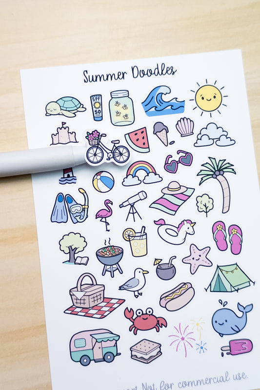 Summer Doodles Deco Planner Sticker Sheet Sun Ocean Picnic Crab Flamingo Seagull Lighthouse Grill Bujo Cute Kawaii