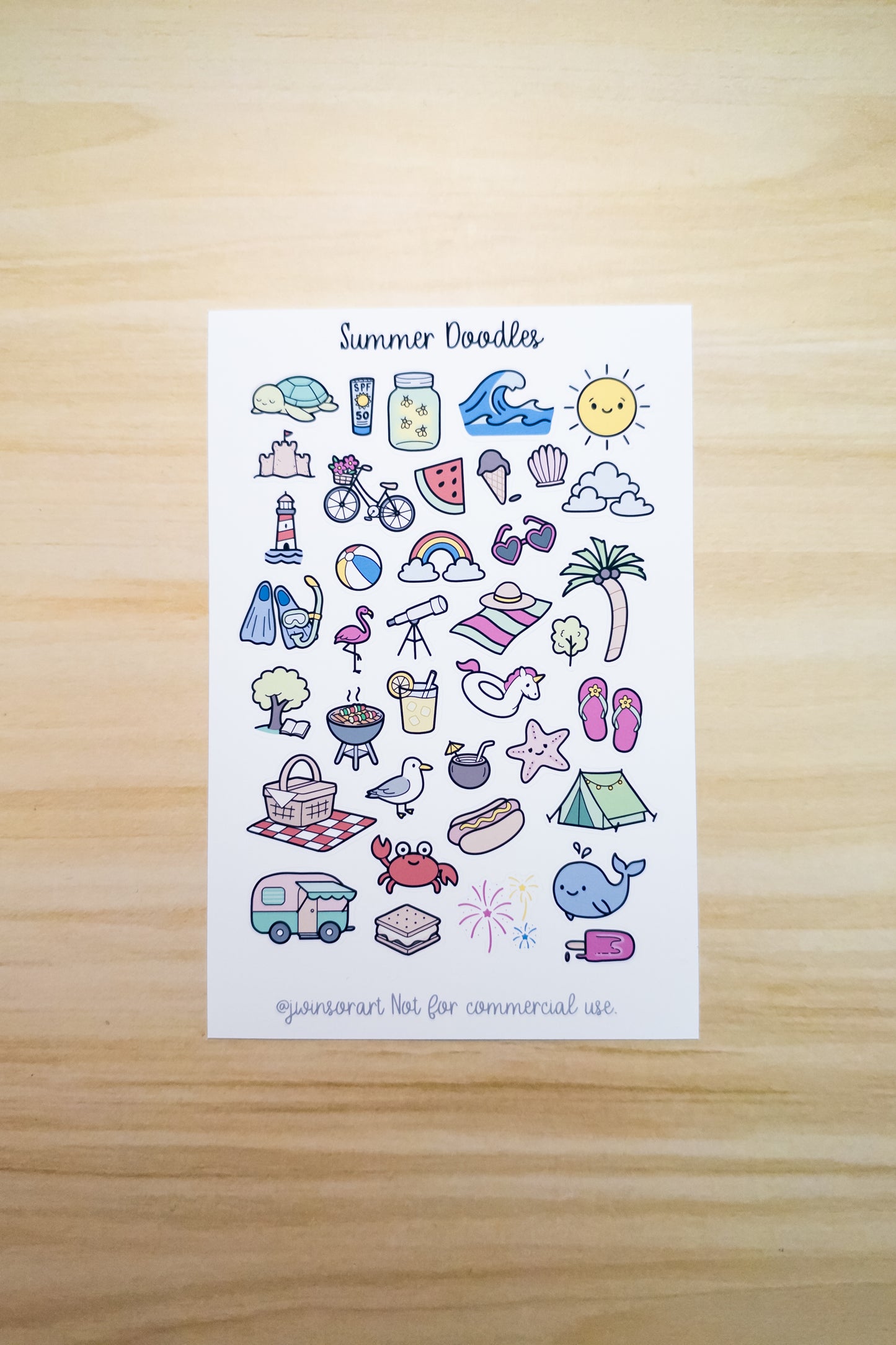 Summer Doodles Deco Planner Sticker Sheet Sun Ocean Picnic Crab Flamingo Seagull Lighthouse Grill Bujo Cute Kawaii