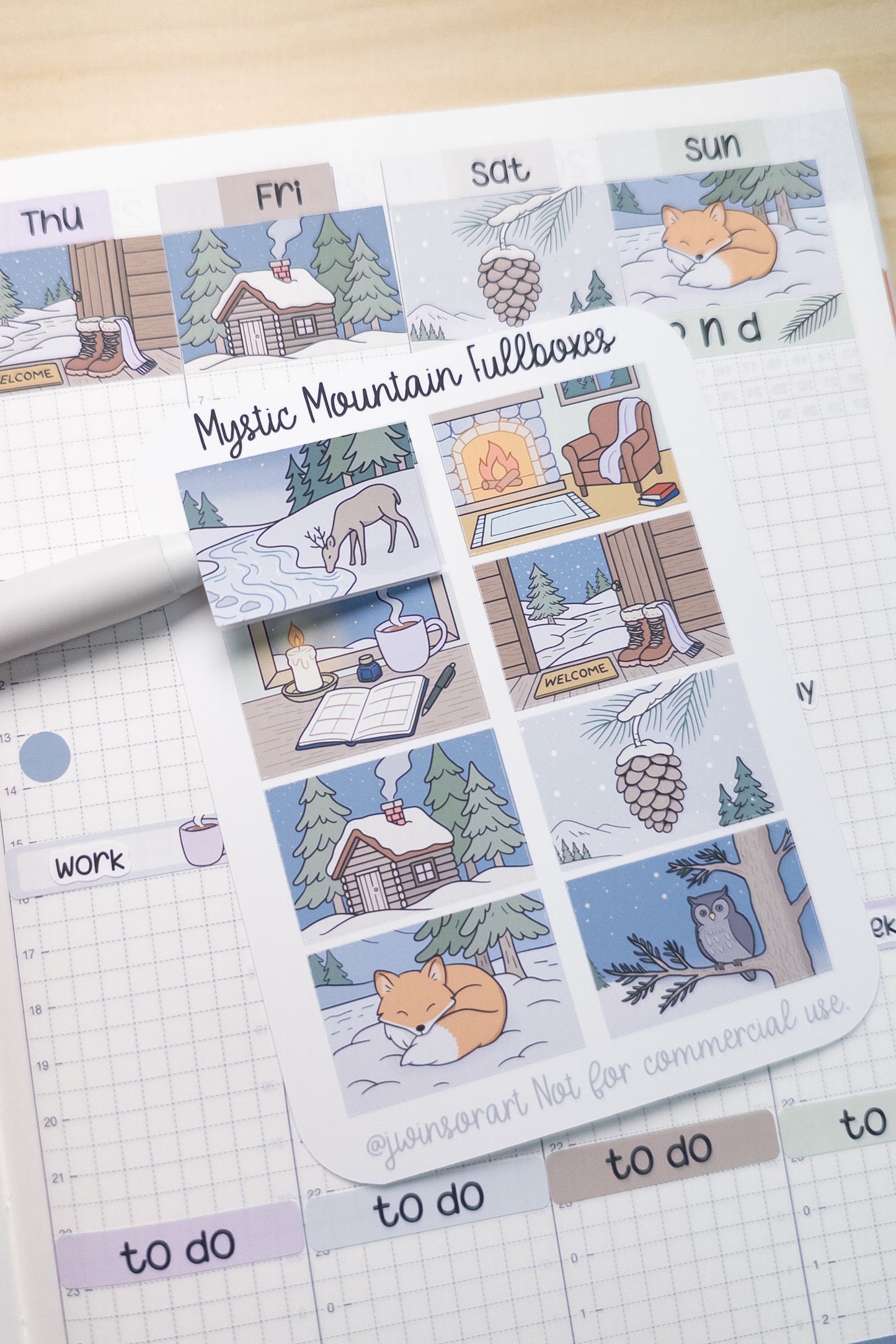 Mystic Mountain Fullboxes | Hobonichi Cousin Weekly Stickers | Cozy Winter Cabin Planner Stickers