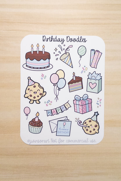 Birthday Doodles Stickers | Cookie Character Birthday Planner Stickers | Pastel Birthday Icons for Journals & Scrapbooking