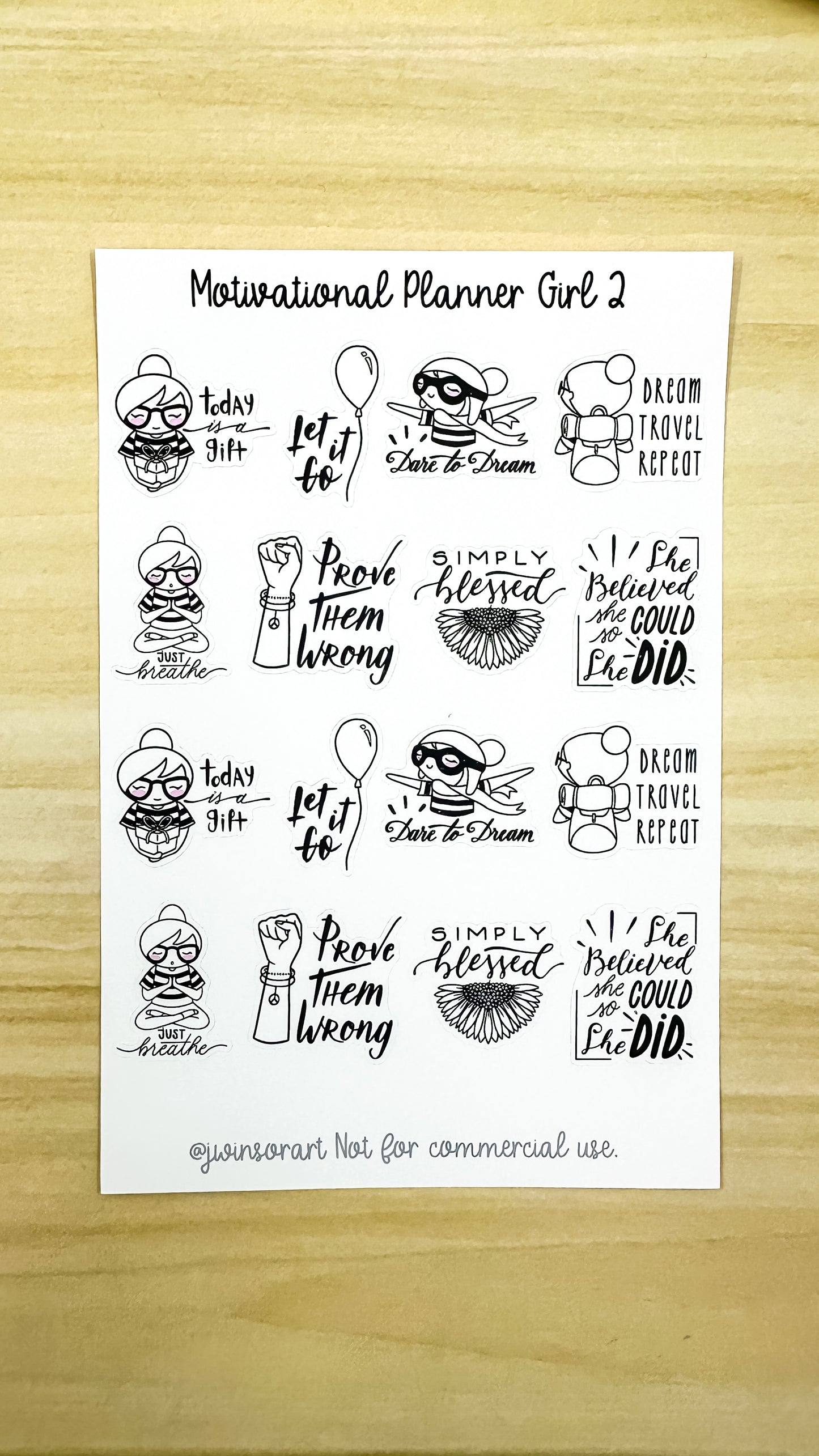 Motivational Planner Girl 2 Sticker Sheet Bujo Cute Kawaii Line Art Black and White Style