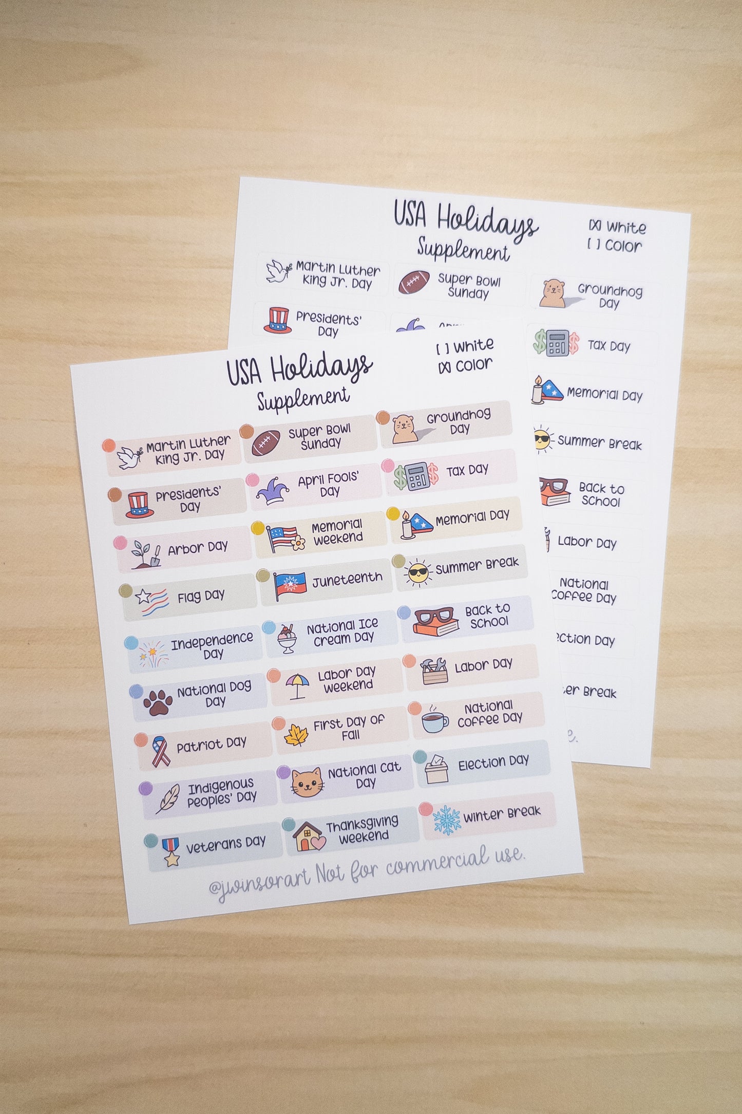 USA Holidays Supplement – Planner Sticker Sheet for Hobonichi, Bullet Journal, or Scrapbooking (White or Color Background)