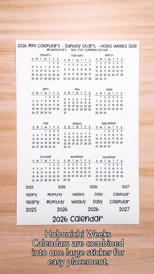 2026 Mini Calendars Hobonichi A5 A6 Weeks Sizes Sunday Start Planner Sticker Sheet Bujo Jan Feb Mar Apr May Jun Jul Aug Sept Oct Nov Dec