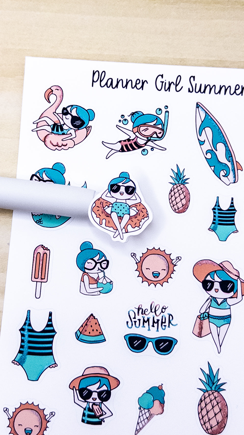 Planner Girl Summer Beach Swimming Sticker Sheet Bujo Cute Kawaii Line Art Teal Aqua Coral Orange