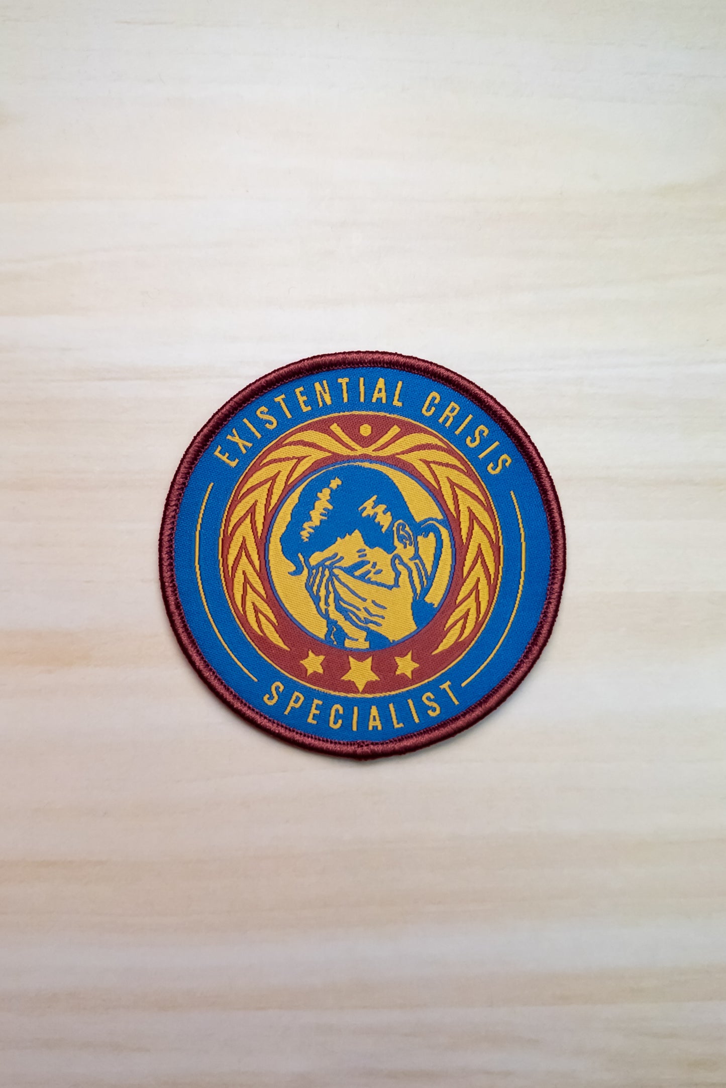 Existential Crisis Specialist Merit Badge – Embroidered Woven Iron-On Patch (3 in)