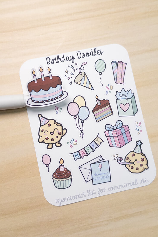 Birthday Doodles Stickers | Cookie Character Birthday Planner Stickers | Pastel Birthday Icons for Journals & Scrapbooking