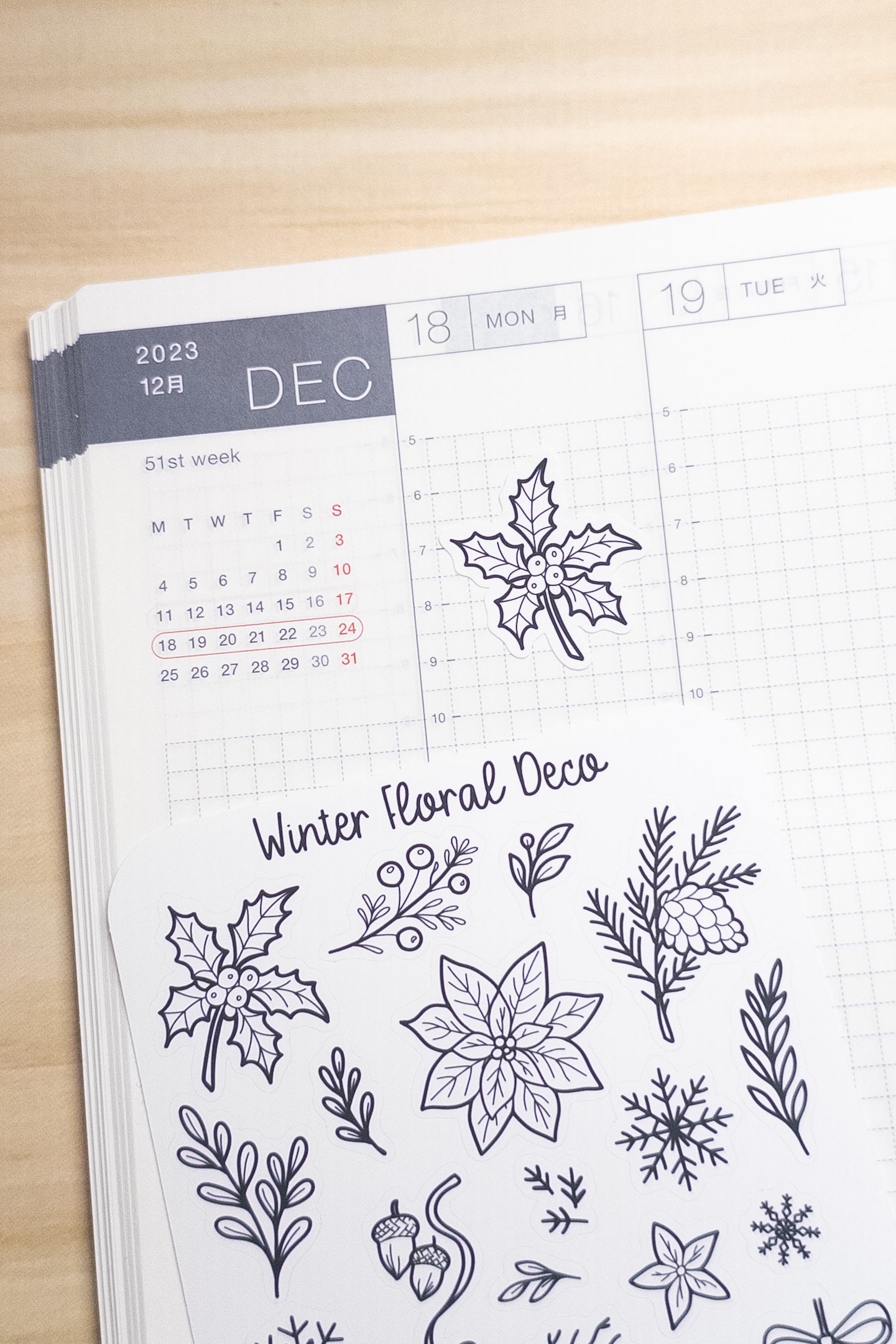 Winter Floral Deco Sticker Sheet – Minimal Line Art Winter Stickers for Planners & Journals – Holly, Poinsettia, Pine, Snowflake Designs