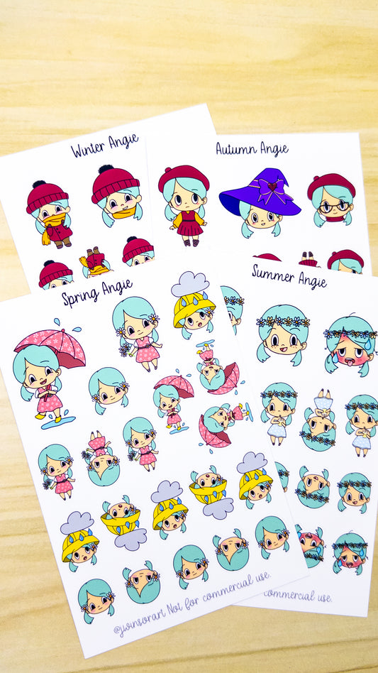Seasonal Angie Planner Sticker Sheet Winter Spring Summer Fall Autumn Bujo Cute Kawaii Chibi Girl