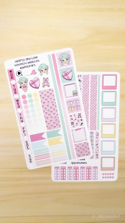 Hearts and Love Angie Hobo Weeks Planner Kit Sticker Sheet Valentines Day Hobonichi Bujo Cute Kawaii Chibi Girl