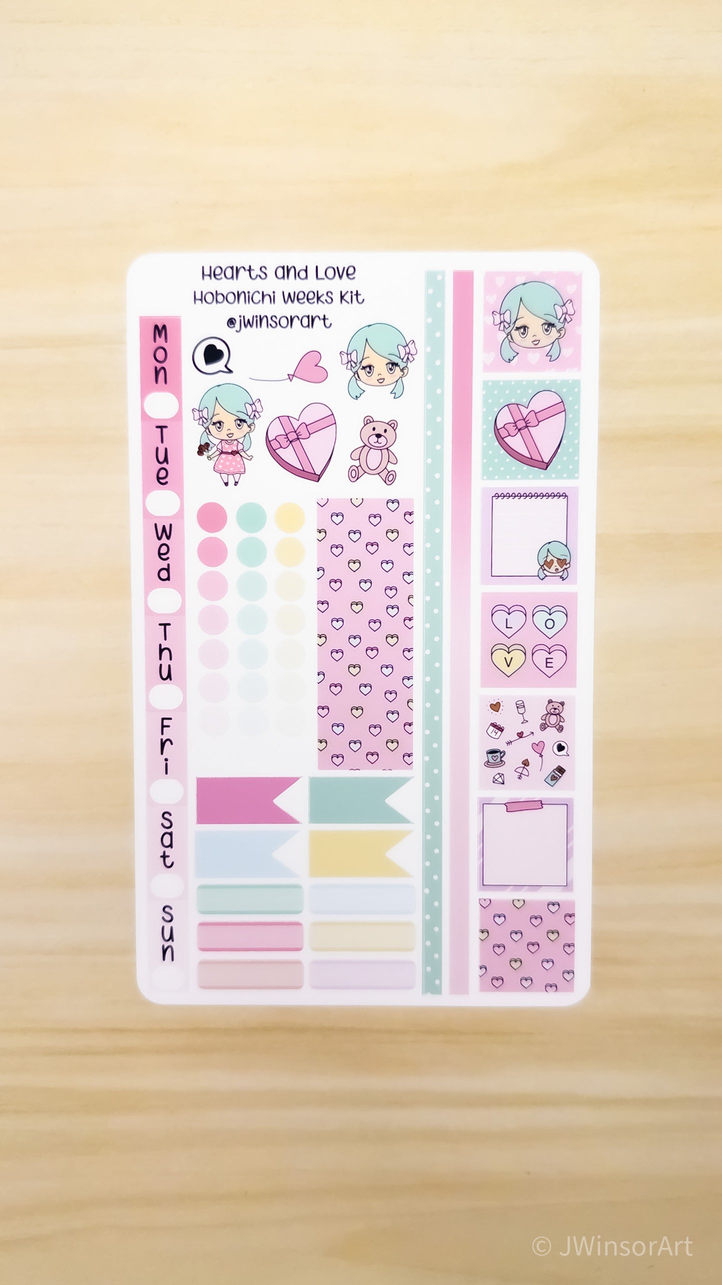 Hearts and Love Angie Hobo Weeks Planner Kit Sticker Sheet Valentines Day Hobonichi Bujo Cute Kawaii Chibi Girl