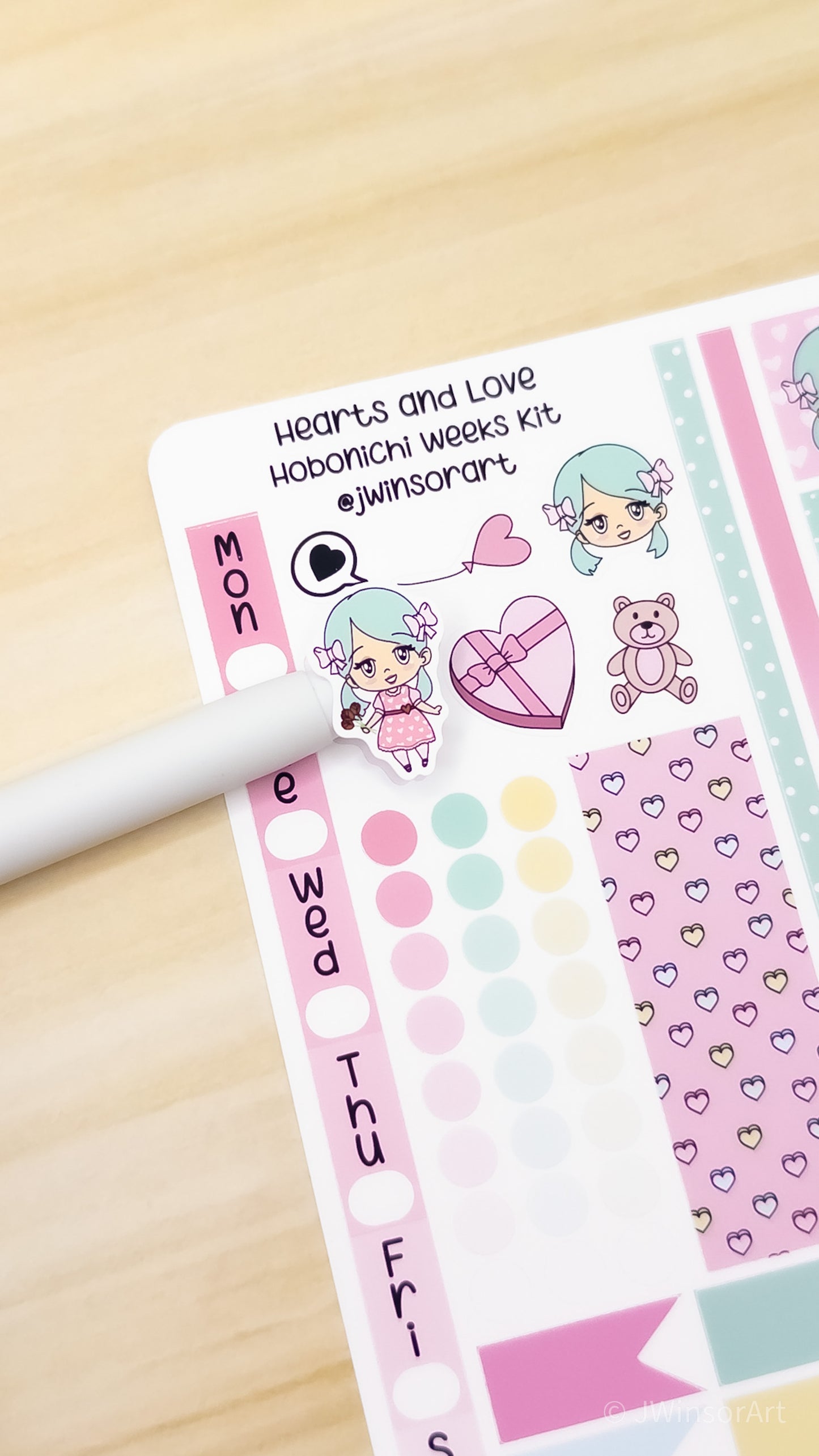 Hearts and Love Angie Hobo Weeks Planner Kit Sticker Sheet Valentines Day Hobonichi Bujo Cute Kawaii Chibi Girl