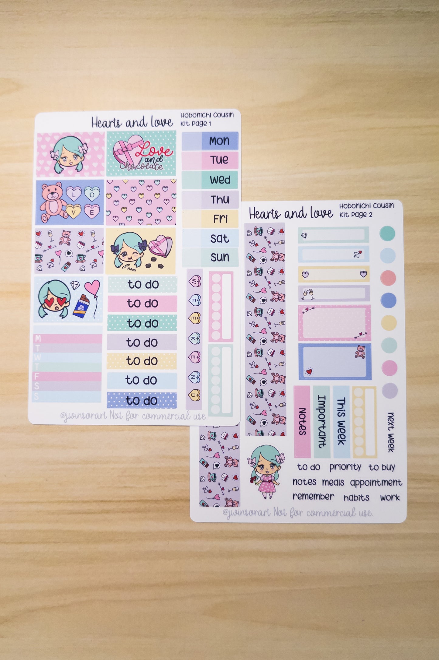 Hearts and Love Cousin Kit Angie Hobo Planner Kit Sticker Sheet Valentines Day Hobonichi Bujo Cute Kawaii Chibi Girl