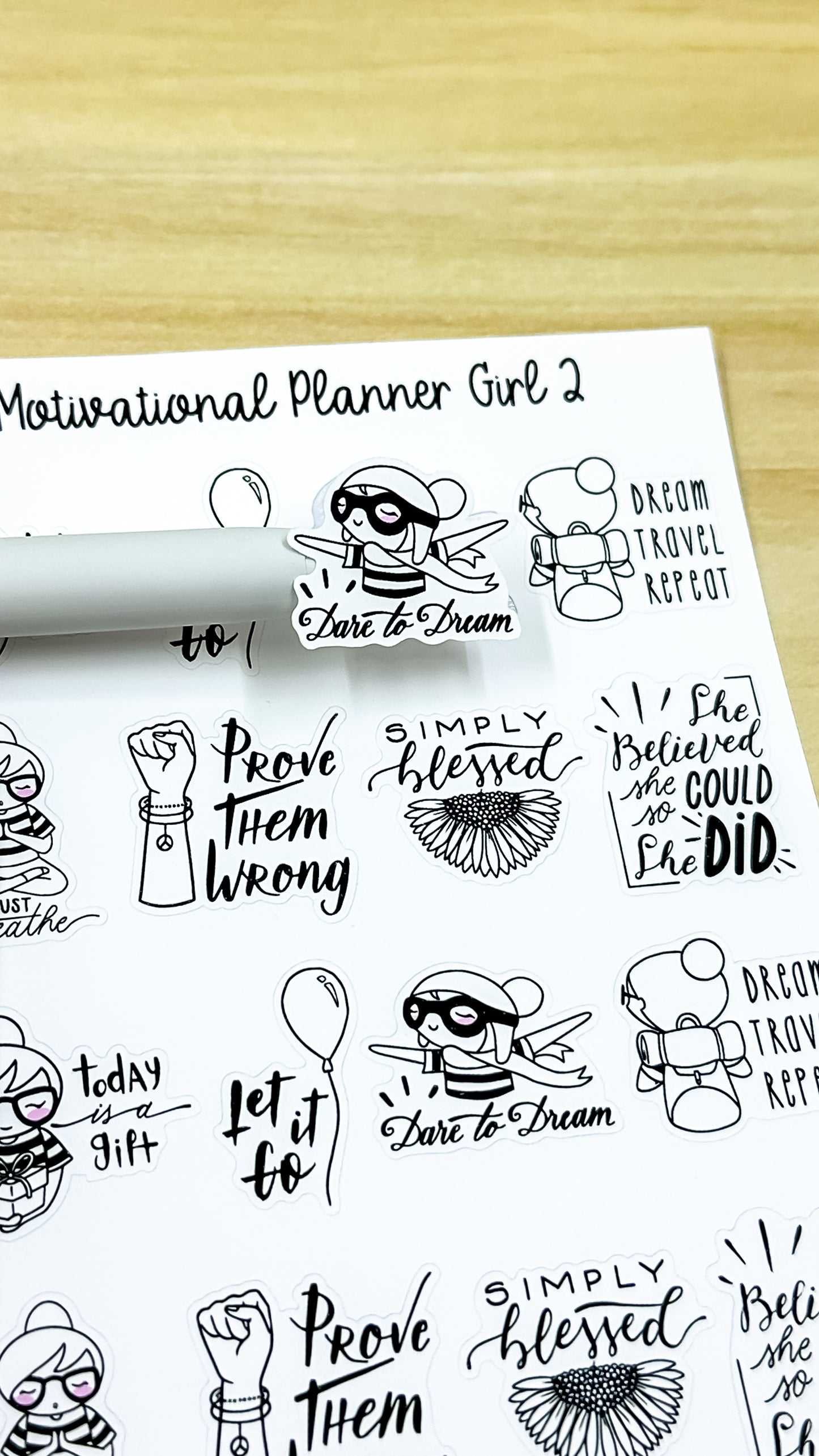 Motivational Planner Girl 2 Sticker Sheet Bujo Cute Kawaii Line Art Black and White Style