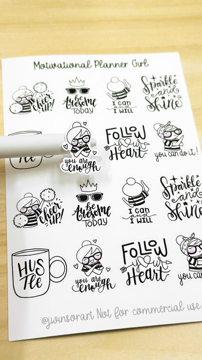 Motivational Planner Girl Sticker Sheet Bujo Cute Kawaii Line Art Black and White Style