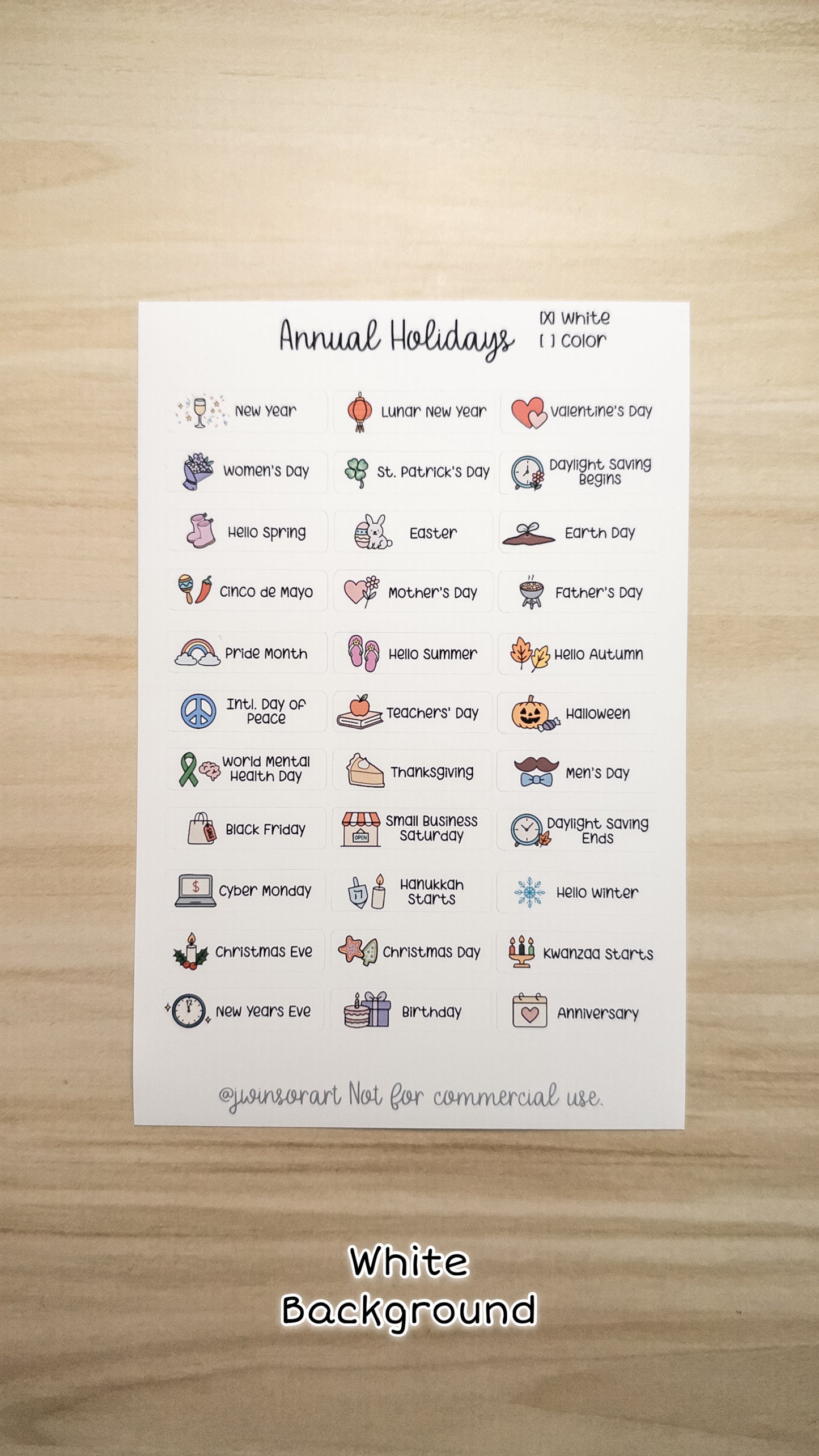 Global Holidays Sticker Sheet – Hobonichi Cousin A5 – Annual Celebrations & Birthdays – White or Color Background