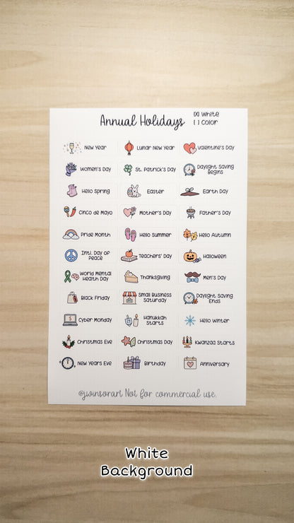 Global Holidays Sticker Sheet – Hobonichi Cousin A5 – Annual Celebrations & Birthdays – White or Color Background