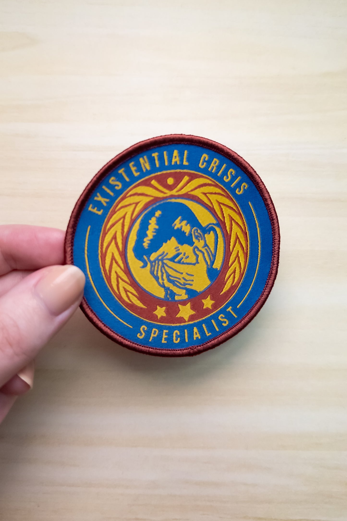 Existential Crisis Specialist Merit Badge – Embroidered Woven Iron-On Patch (3 in)