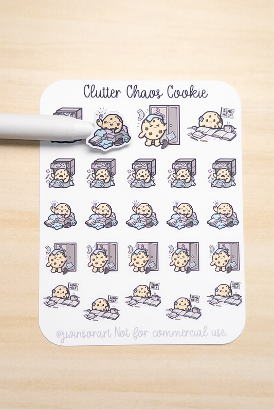 Clutter Chaos Cookie Sticker Sheet – Cute Messy Room Planner Stickers for Hobonichi, Bullet Journal, Scrapbooking