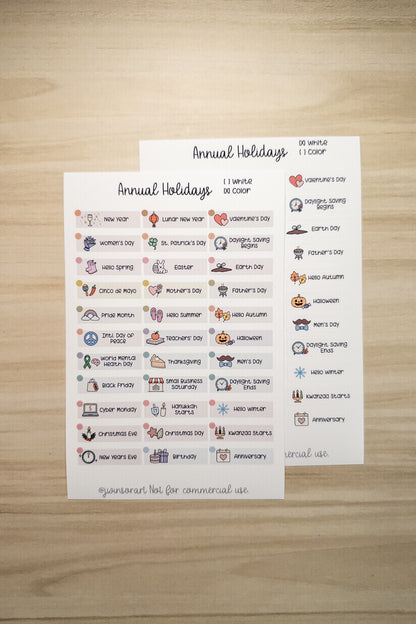 Global Holidays Sticker Sheet – Hobonichi Cousin A5 – Annual Celebrations & Birthdays – White or Color Background