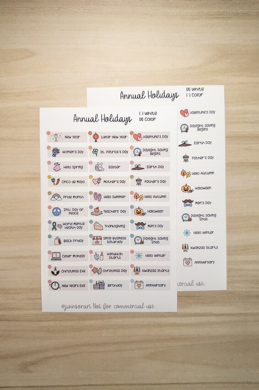 Global Holidays Sticker Sheet – Hobonichi Cousin A5 – Annual Celebrations & Birthdays – White or Color Background