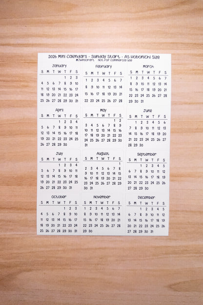 2026 Mini Calendars Hobonichi A5 A6 Weeks Sizes Sunday Start Planner Sticker Sheet Bujo Jan Feb Mar Apr May Jun Jul Aug Sept Oct Nov Dec