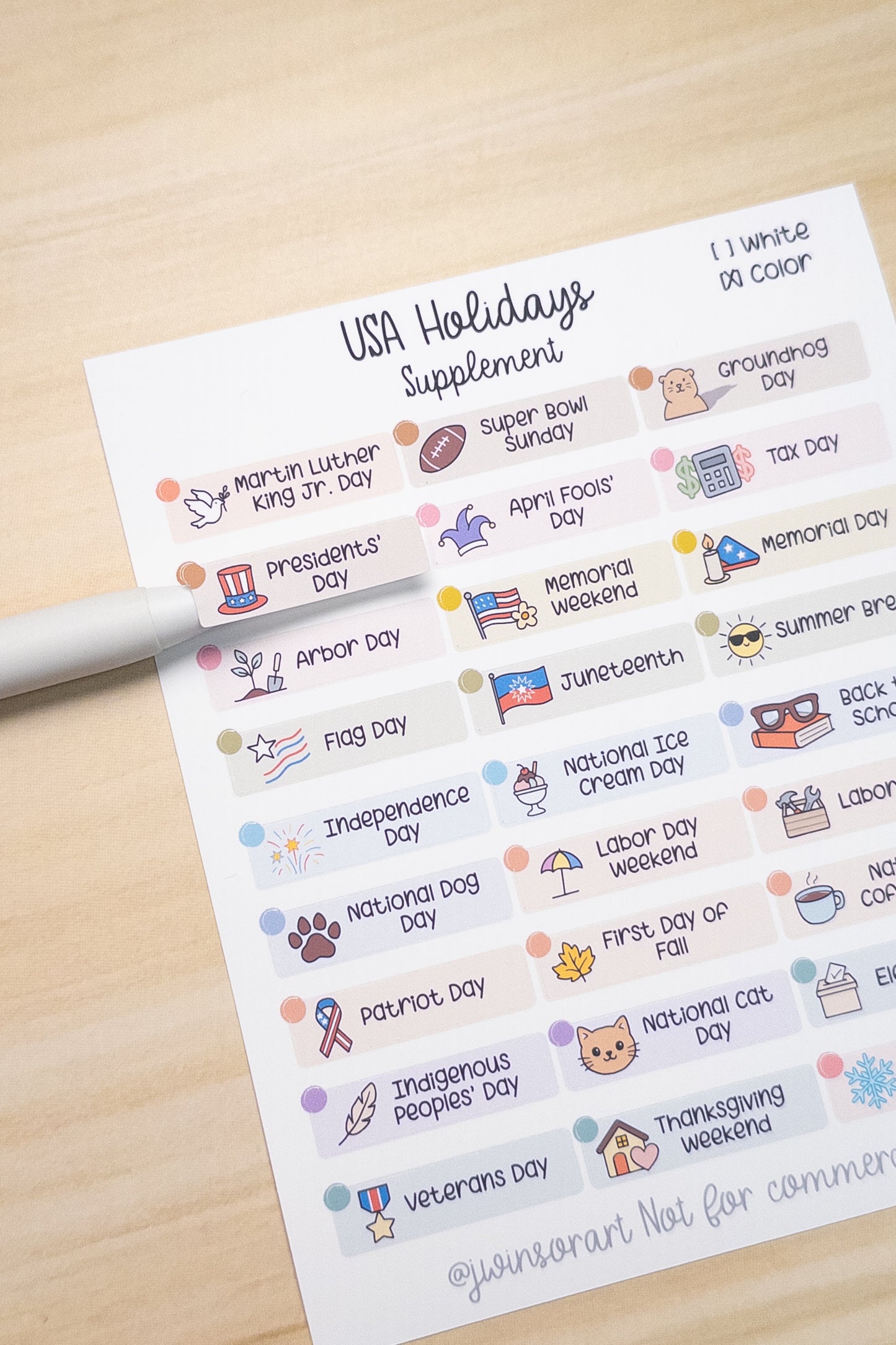 USA Holidays Supplement – Planner Sticker Sheet for Hobonichi, Bullet Journal, or Scrapbooking (White or Color Background)