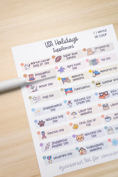 USA Holidays Supplement – Planner Sticker Sheet for Hobonichi, Bullet Journal, or Scrapbooking (White or Color Background)