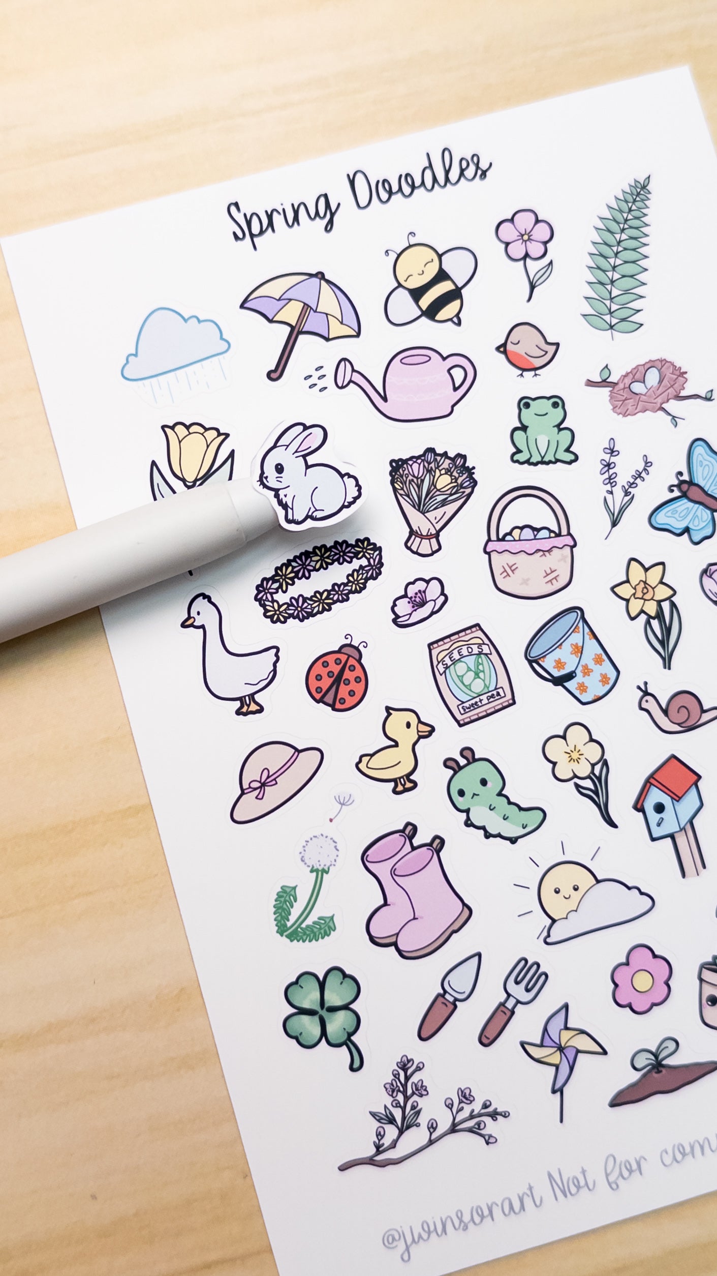 Spring Doodles Deco Planner Sticker Sheet Flower Duck Rainbow Frog Bird Bunny Basket Clover Birdhouse Kite Cherry Blossom Bumble Bee Bujo Cute Kawaii