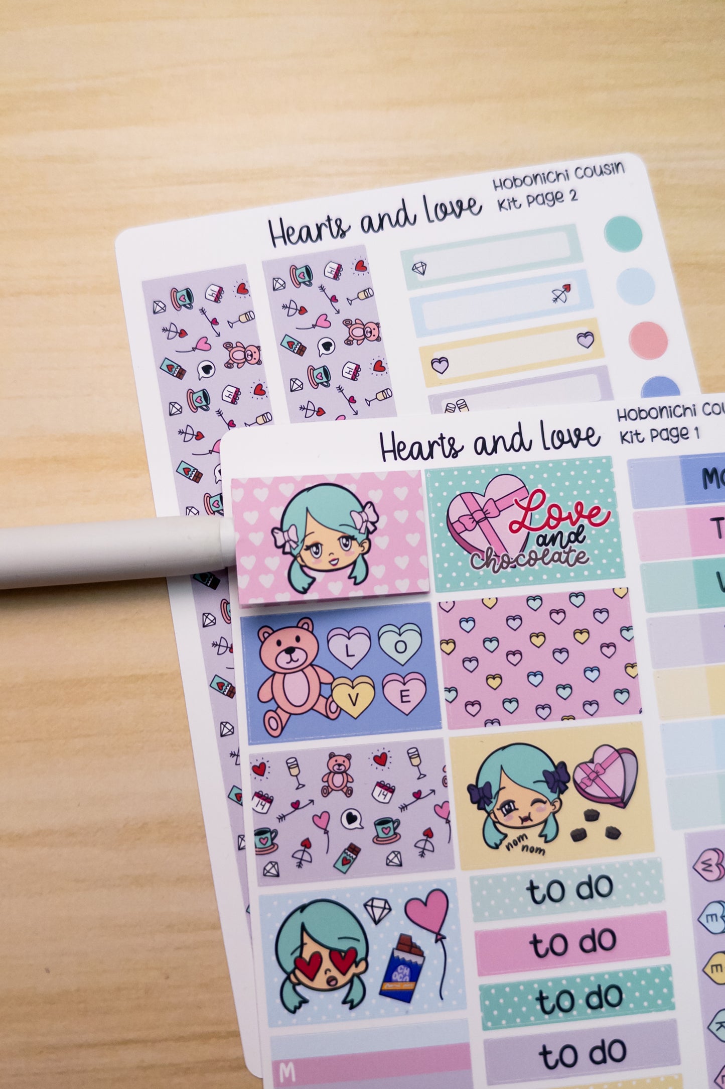 Hearts and Love Cousin Kit Angie Hobo Planner Kit Sticker Sheet Valentines Day Hobonichi Bujo Cute Kawaii Chibi Girl