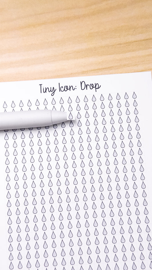 Tiny Icon: Drop Water Hydrate Liquid Period Tracker Doodle Functional Sticker Sheet 5 mm Square Bujo Line Art Style