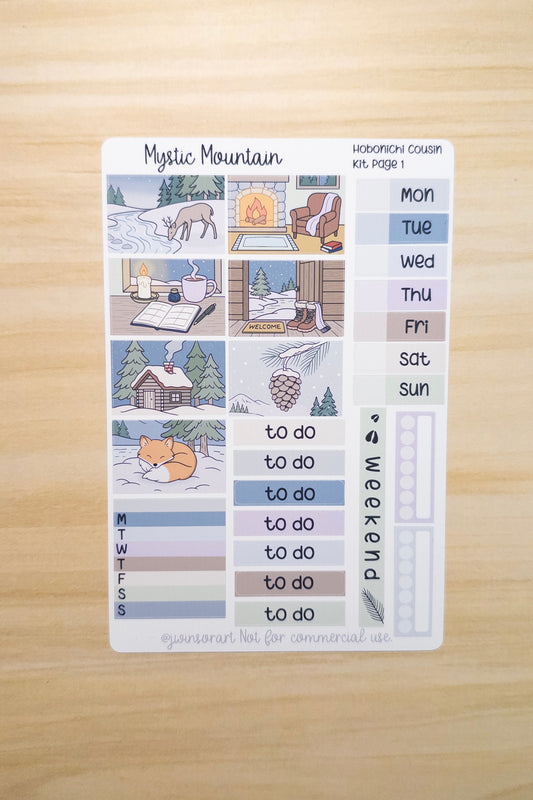 Mystic Mountain Hobonichi Cousin Sticker Kit – Cozy Winter Cabin Planner Stickers for Weekly Spread, Cute Nature & Forest Aesthetic