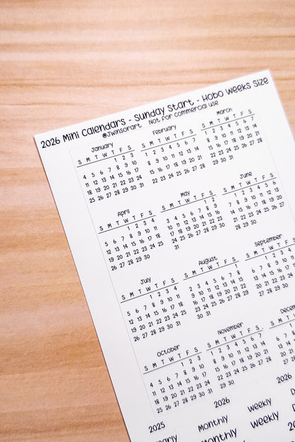 2026 Mini Calendars Hobonichi A5 A6 Weeks Sizes Sunday Start Planner Sticker Sheet Bujo Jan Feb Mar Apr May Jun Jul Aug Sept Oct Nov Dec