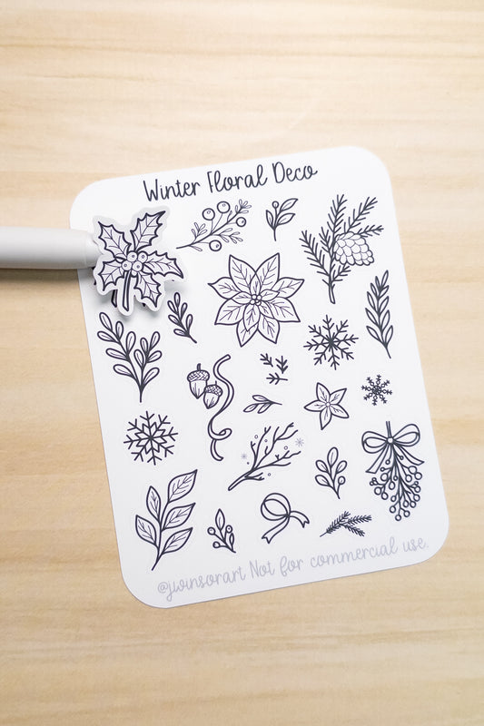 Winter Floral Deco Sticker Sheet – Minimal Line Art Winter Stickers for Planners & Journals – Holly, Poinsettia, Pine, Snowflake Designs