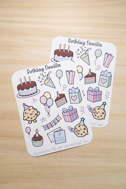 Birthday Doodles Stickers | Cookie Character Birthday Planner Stickers | Pastel Birthday Icons for Journals & Scrapbooking